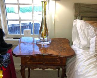 One of a pair of antique marquetry inlaid scalloped end tables with lift tops