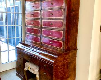 Marvelous English burl & red leather Secretary ca. 1820 with the provenance of having been in Architectural Digest in the home of Filmmaker Freddie Fields