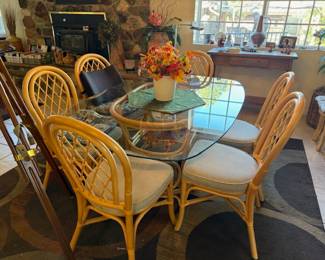 Rattan glass top table, 6 rattan chairs