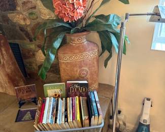 Lots of books, Pots and plants, real and artificial