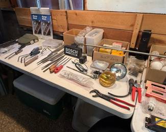 Light bulbs, garden tools, old files