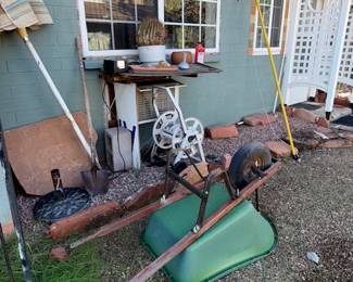 Wheelbarrow, hose wheel, umbrella