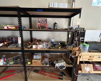 Assorted Hardware, Tools, and Garage Shelving