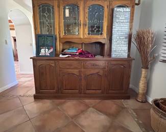 Vintage Solid Oak TwoPart China Hutch with Leaded Glass Doors