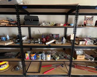 Assorted Hardware, Tools, and Shelving Unit