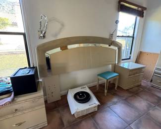 MidCentury Modern Mirrored Headboard with Integrated Nightstands  Hollywood Regency Style