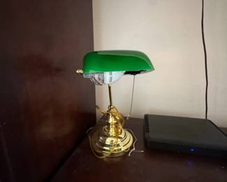 Vintage Brass Bankers Lamp with Green Glass Shade