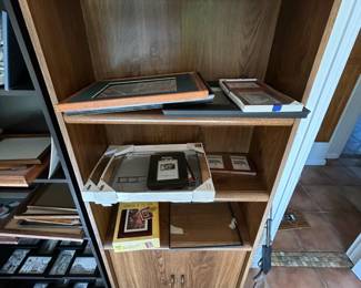 MidCentury Modern Angled Wooden Display Shelf with Assorted Picture Frames
