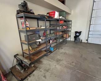 Metal Shelving Unit with Assorted Tools and Supplies