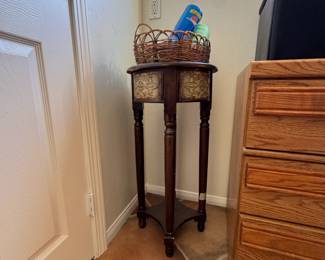 Vintage Wood Plant Stand with Decorative Inlay and Turned Legs