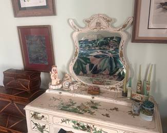 Beautiful Boho Art and Furniture. Lots of Southwest/Indigenous Paintings and prints. Furniture and Figurines. European Antiques, Unique Christmas Decor/Ornaments, Kitchenware, Salt & Pepper Shakers, Pots & Pans, Lamps, Patio Furniture, Potted Plants, Blankets/Linens, Decorative Throw Pillows, CDs, New Age Decor, Art Books, UFO Books, Glassware, Vases, Jewelry Boxes, Mirrors, Shelving Units, TVs, Tiger/Big Cat Decor, Wolf Decor, Angel Decor, Signed Artwork, Ocean decor, Greek inspired paintings, Rococo Tapestries, Light Fixtures (pendant lights), etc. LED recessed lighting, 70s Victorian Revival Wicker Furniture, Chinese Wood Vanity, The Rain Shower head, vacuums, fans, humidifiers. Toaster, air fryer, toaster oven, coffee maker, espresso machine. 