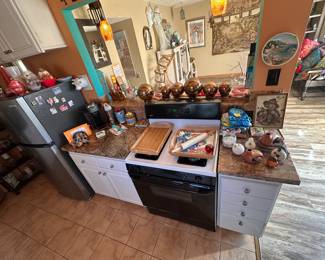 Beautiful Boho Art and Furniture. Lots of Southwest/Indigenous Paintings and prints. Furniture and Figurines. European Antiques, Unique Christmas Decor/Ornaments, Kitchenware, Salt & Pepper Shakers, Pots & Pans, Lamps, Patio Furniture, Potted Plants, Blankets/Linens, Decorative Throw Pillows, CDs, New Age Decor, Art Books, UFO Books, Glassware, Vases, Jewelry Boxes, Mirrors, Shelving Units, TVs, Tiger/Big Cat Decor, Wolf Decor, Angel Decor, Signed Artwork, Ocean decor, Greek inspired paintings, Rococo Tapestries, Light Fixtures (pendant lights), etc. LED recessed lighting, 70s Victorian Revival Wicker Furniture, Chinese Wood Vanity, The Rain Shower head, vacuums, fans, humidifiers. Toaster, air fryer, toaster oven, coffee maker, espresso machine. 