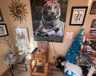 Beautiful Boho Art and Furniture. Lots of Southwest/Indigenous Paintings and prints. Furniture and Figurines. European Antiques, Unique Christmas Decor/Ornaments, Kitchenware, Salt & Pepper Shakers, Pots & Pans, Lamps, Patio Furniture, Potted Plants, Blankets/Linens, Decorative Throw Pillows, CDs, New Age Decor, Art Books, UFO Books, Glassware, Vases, Jewelry Boxes, Mirrors, Shelving Units, TVs, Tiger/Big Cat Decor, Wolf Decor, Angel Decor, Signed Artwork, Ocean decor, Greek inspired paintings, Rococo Tapestries, Light Fixtures (pendant lights), etc. LED recessed lighting, 70s Victorian Revival Wicker Furniture, Chinese Wood Vanity, The Rain Shower head, vacuums, fans, humidifiers. Toaster, air fryer, toaster oven, coffee maker, espresso machine. 