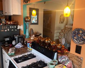 Beautiful Boho Art and Furniture. Lots of Southwest/Indigenous Paintings and prints. Furniture and Figurines. European Antiques, Unique Christmas Decor/Ornaments, Kitchenware, Salt & Pepper Shakers, Pots & Pans, Lamps, Patio Furniture, Potted Plants, Blankets/Linens, Decorative Throw Pillows, CDs, New Age Decor, Art Books, UFO Books, Glassware, Vases, Jewelry Boxes, Mirrors, Shelving Units, TVs, Tiger/Big Cat Decor, Wolf Decor, Angel Decor, Signed Artwork, Ocean decor, Greek inspired paintings, Rococo Tapestries, Light Fixtures (pendant lights), etc. LED recessed lighting, 70s Victorian Revival Wicker Furniture, Chinese Wood Vanity, The Rain Shower head, vacuums, fans, humidifiers. Toaster, air fryer, toaster oven, coffee maker, espresso machine. 