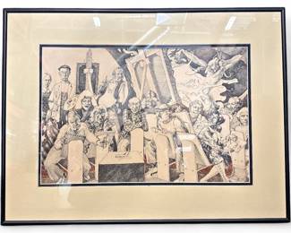 Framed David Levine Caricature Print Artists Sketching Banana