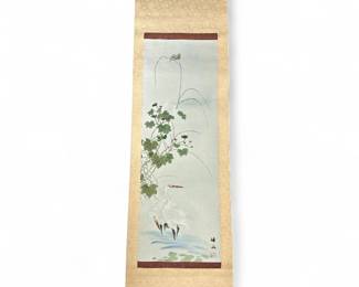 Japanese Hanging Scroll Kakejiku Herons  Water Plants, Signed Hozan 