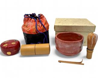 Japanese Nodate Outdoor Tea Ceremony Set with Red RakuStyle Chawan Bowl  Bamboo Basket