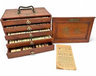Antique 1920s30s Bone Bamboo Mahjong Set in 5Drawer Wooden Case