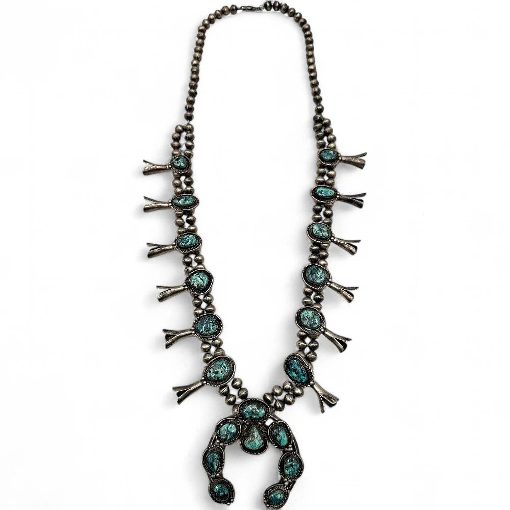 Southwest Sterling Silver Turquoise Squash Blossom Necklace