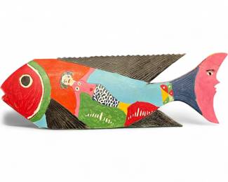 Vintage HandPainted Mexican Folk Art Wooden Fish Sculpture