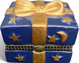 Porcelain LimogesStyle Blue Celestial Gift Box Hinged Trinket Box
