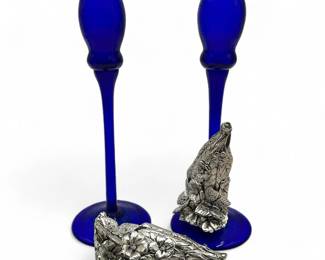 Pair of R. Robean Cobalt Blue Glass Candlesticks w .925 Silver Overlay