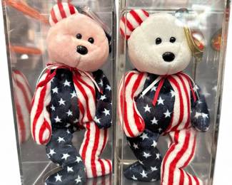 Ty Beanie Babies Spangle Bear Pair Pink  White Face in Acrylic Cases