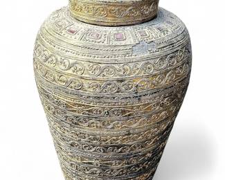 Large Plastic FauxBrass Decorative BurmeseStyle Urn with Lid