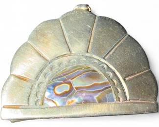 Vintage Mexican Alpaca Nickel Silver Abalone Fan Pill Box