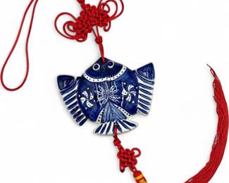 Chinese Blue White Porcelain Fish Wall Hanging with Tassel