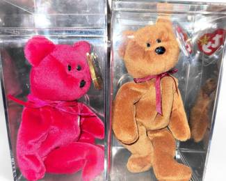 Ty Beanie Babies Pair Valentina  Curly w Display Cases