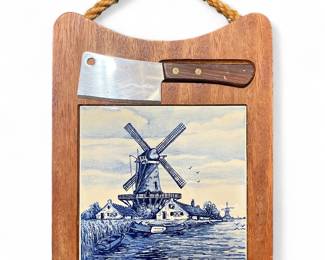 Vintage Delft Tile Cheese Cutting Board With Knife