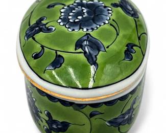 Vintage Otagiri Japan Green Blue Floral Porcelain Trinket Box