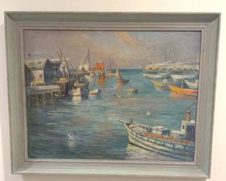 Fishing Boats Painting Signed By Artist AH Schroff