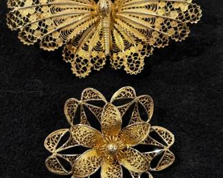 Vintage 800 Silver Filigree Butterfly And Filigree Flower Broocb