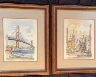 Golden Gate Bridge And San Francisco Street Watercolors By John Checkley