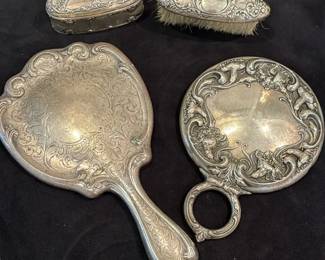 Sterling Silver Handled Mirrors Trinket Box And Hand Brush