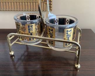 MCM Jeannette Glass Mustard Relish Jars with caddy