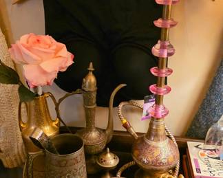 Vintage Brass & Pink Glass Hookah