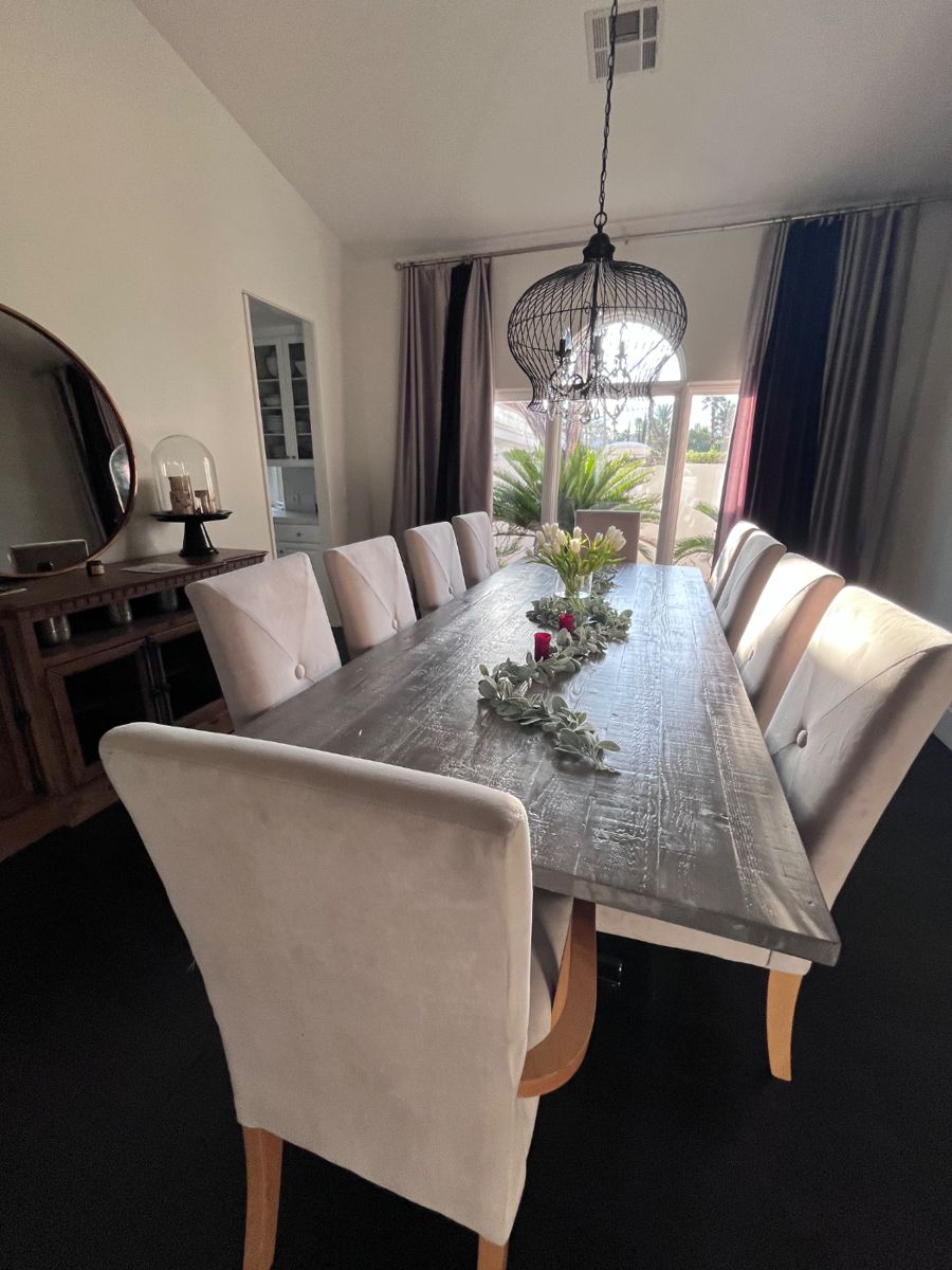 Wood Dining Table Seats 10 $2500 Chairs include green velvet covers (10) $800 