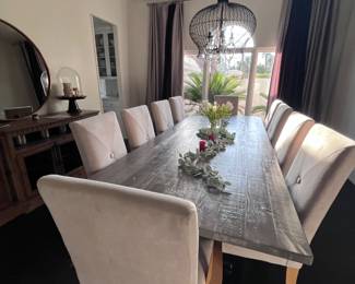 Wood Dining Table Seats 10 $2500 Chairs include green velvet covers (10) $800 