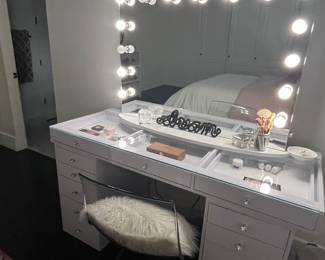 Glass top vanity with drawers, mirror and chair - $600