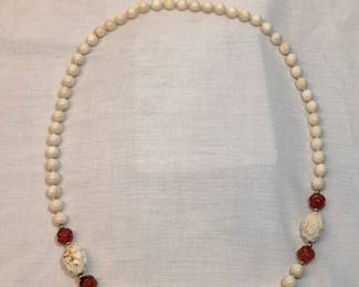 Antique Ivory Or Bone  And Amber Necklace 