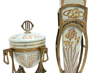 Vintage Art Nouveau Lidded Porcelain Serving Dish & Matching Tall Vase In Bronze Casing
Lot #: 67