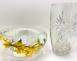 Glass Bowl With Inserted Faux Flowers & Vintage Cut Crystal Vase
Lot #: 127