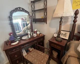 Beautiful antique bedroom suite with vanity, bench, queen bed, 2 nightstands and dresser.