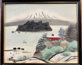 Vintage Framed Japanese Landscape Painting on Silk