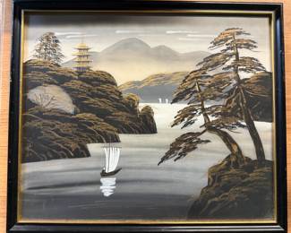 Vintage Framed Japanese Landscape Painting on Silk