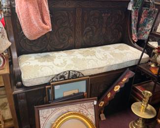 beautiful hand carved wooden bench, frames, brass candlestick, art, mirrors