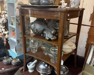 vintage side table, glassware, mortar & pestle, flatware set